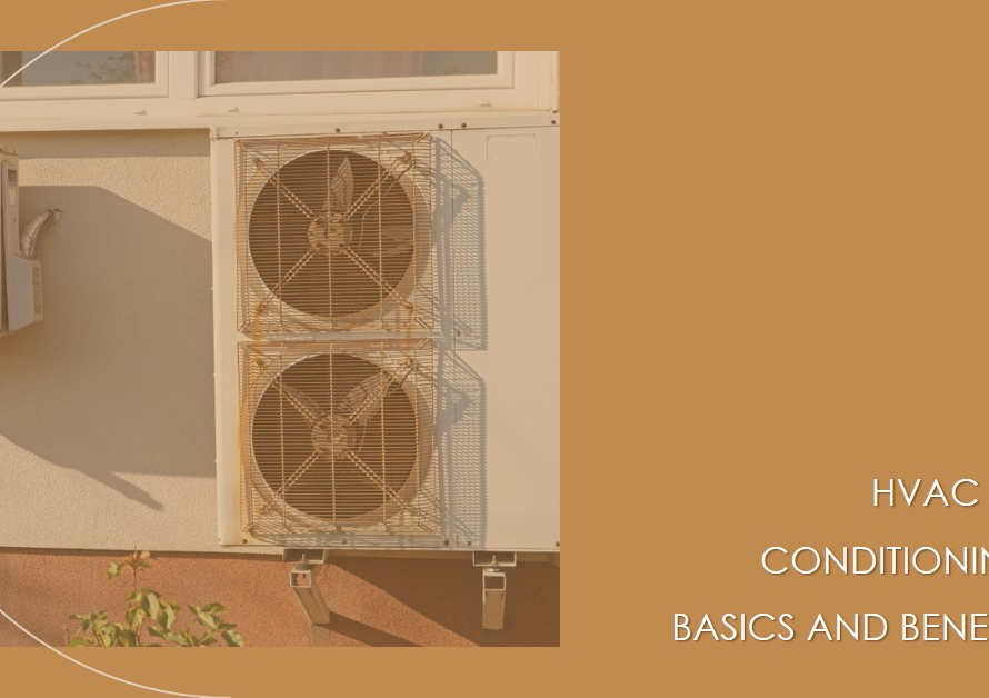 The prompt is : Generate a 16;9 image for the blog title “HVAC Air Conditioning: Basics and Benefits” make it professional and the primary colours are white, black and gray