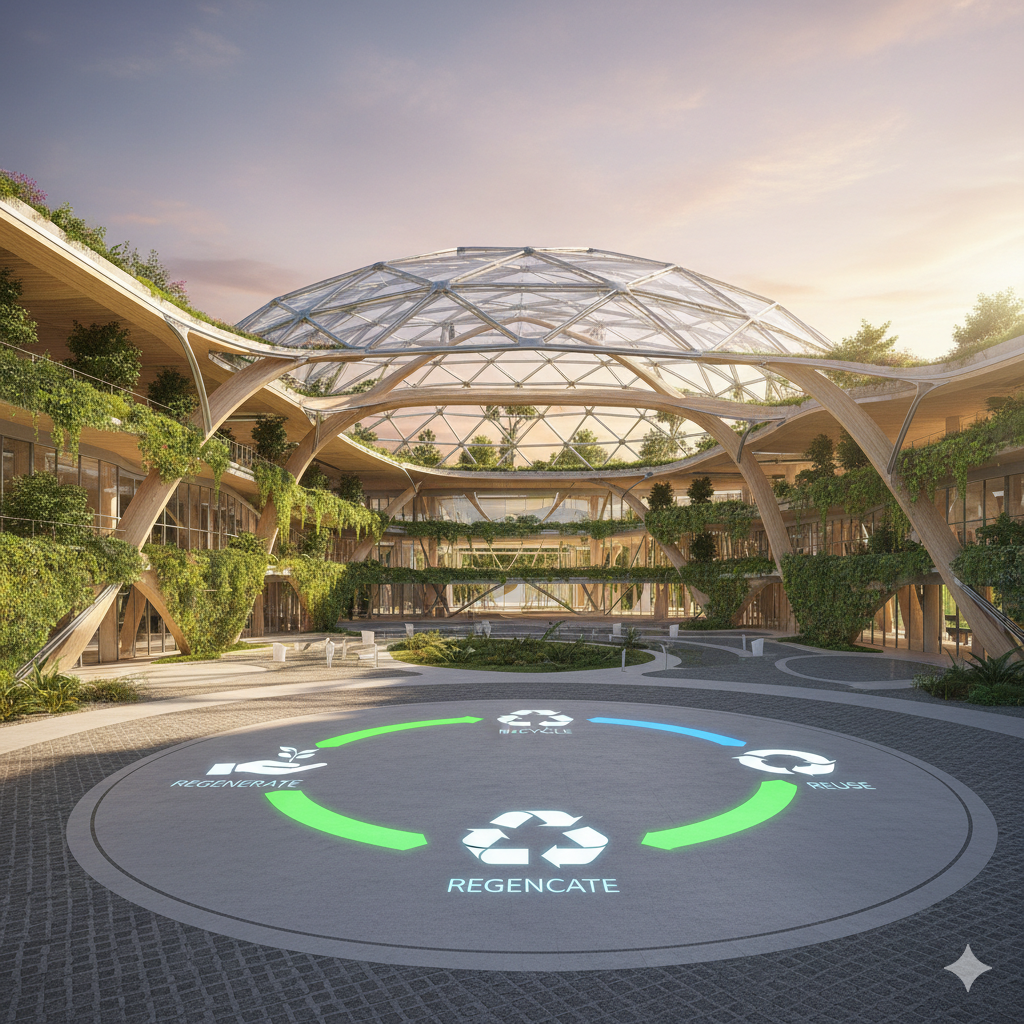 A beautiful building demonstrating the principles of circular economy in architecture, with a lush green roof and recycled materials.