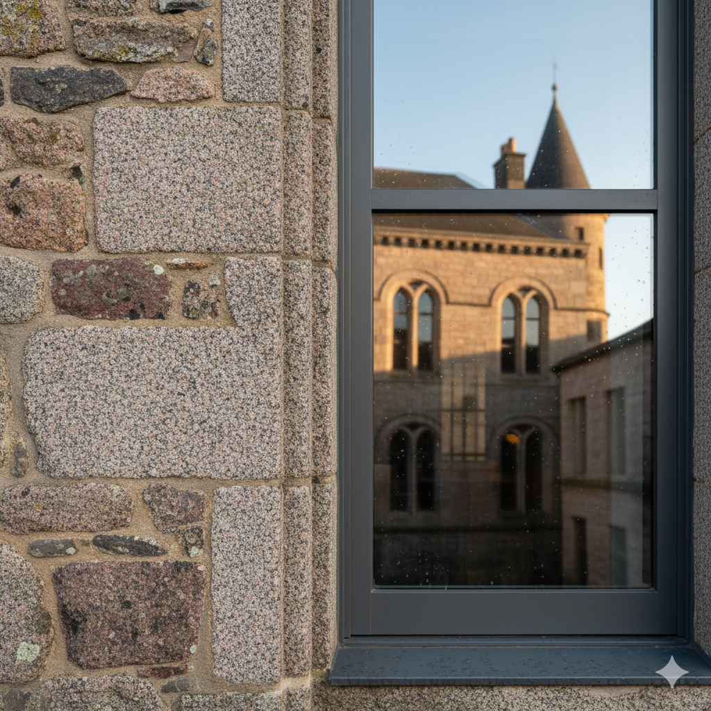 A close-up architectural detail showing the seamless integration of a modern glass extension with a historic stone wall, a key challenge in adaptive reuse projects.