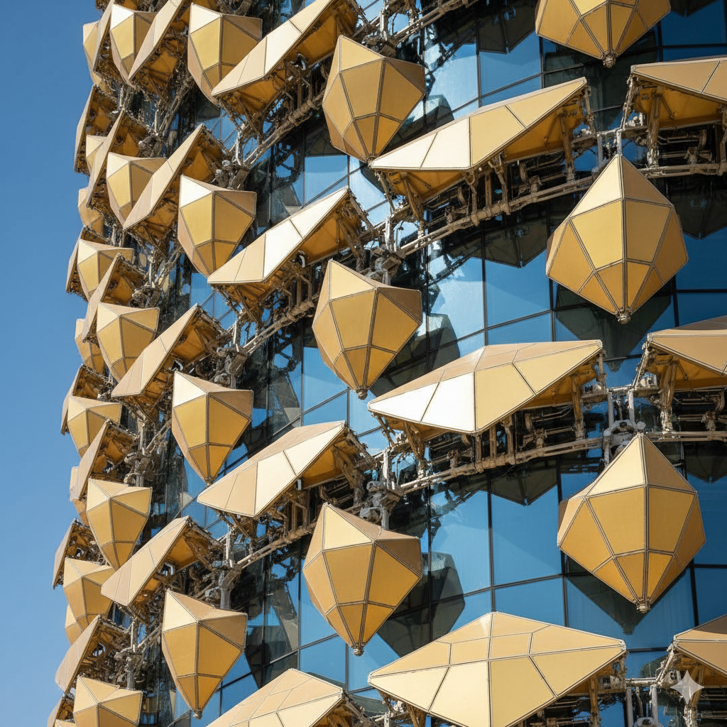 A close-up of the dynamic, mashrabiya-inspired bioclimatic facade of the Al Bahr Towers, a prime example of kinetic and smart building design.