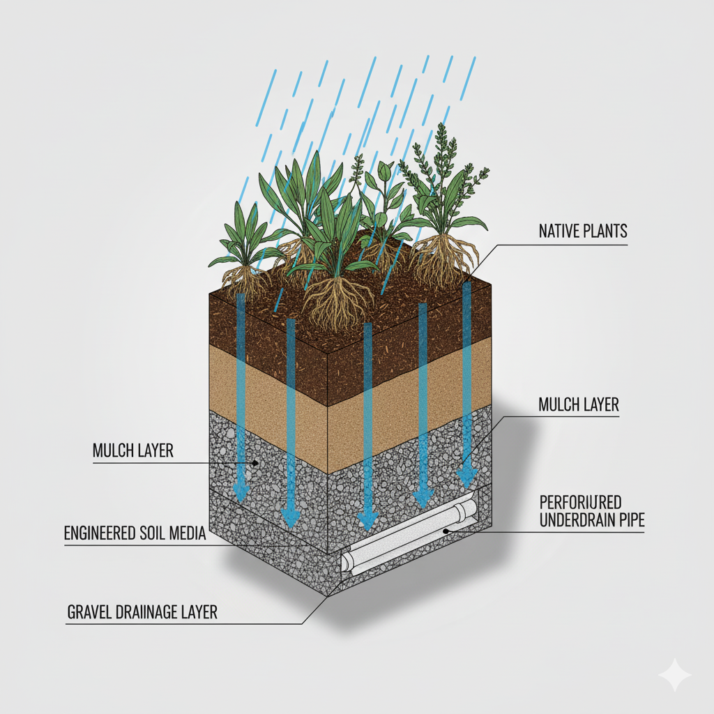 A detailed cross-section diagram explaining the filtration layers and function of a bioretention system used in Water-Sensitive Urban Design.
