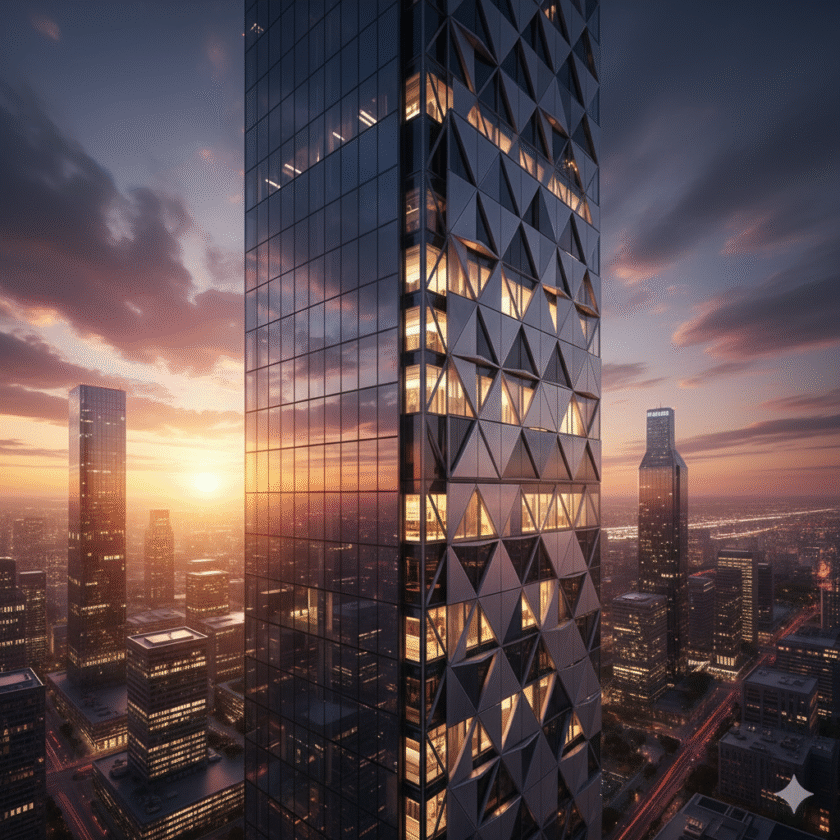 A futuristic skyscraper with an advanced bioclimatic facade partially open, demonstrating the future of smart building design against a sunset.