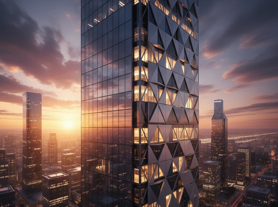 A futuristic skyscraper with an advanced bioclimatic facade partially open, demonstrating the future of smart building design against a sunset.