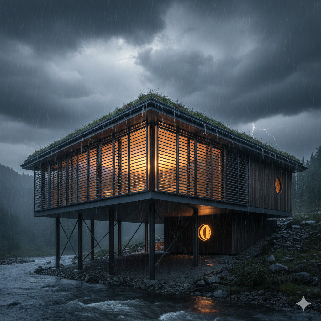 A modern home showcasing climate-resilient architecture, standing safe and secure during an extreme storm.