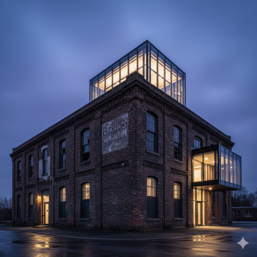 A stunning example of adaptive reuse architecture where a modern glass structure is integrated into a historic brick warehouse, symbolizing the fusion of old and new.