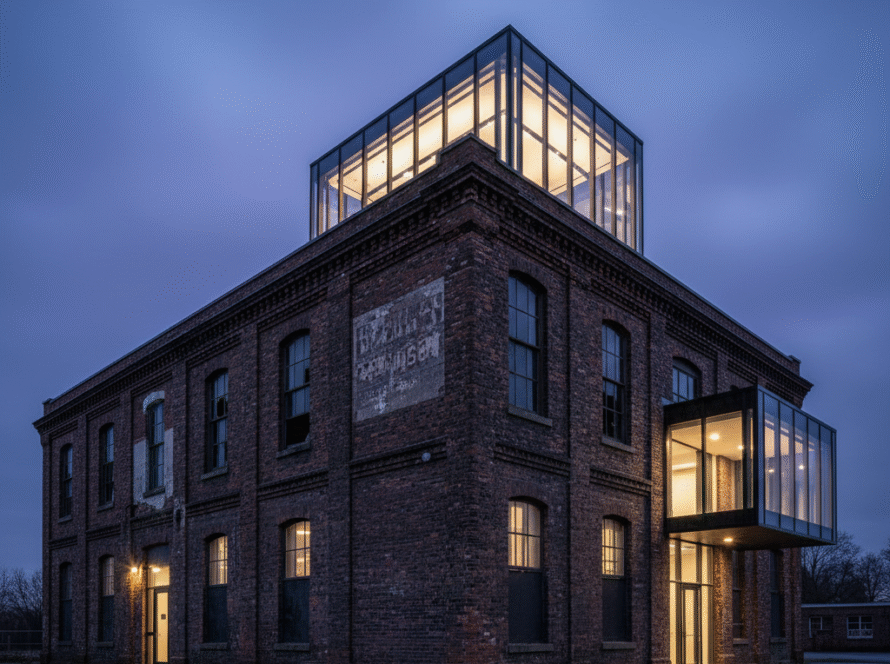 A stunning example of adaptive reuse architecture where a modern glass structure is integrated into a historic brick warehouse, symbolizing the fusion of old and new.