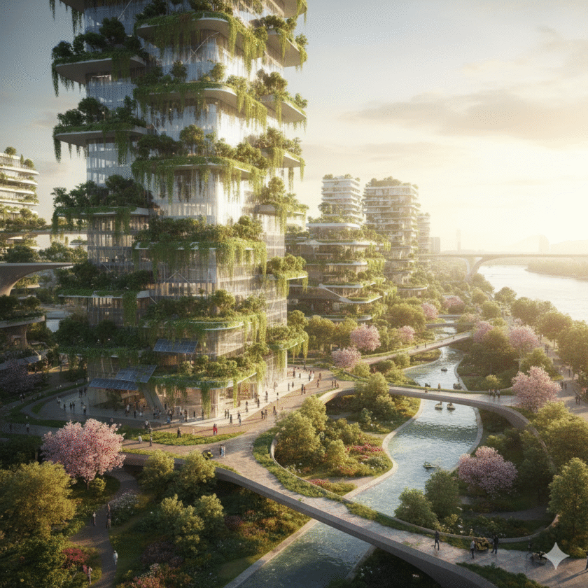 A vibrant city landscape showcasing the principles of Water-Sensitive Urban Design with green buildings, bioretention swales, and integrated water features.