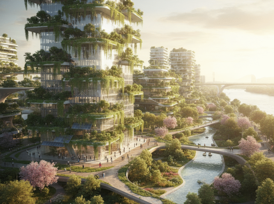 A vibrant city landscape showcasing the principles of Water-Sensitive Urban Design with green buildings, bioretention swales, and integrated water features.