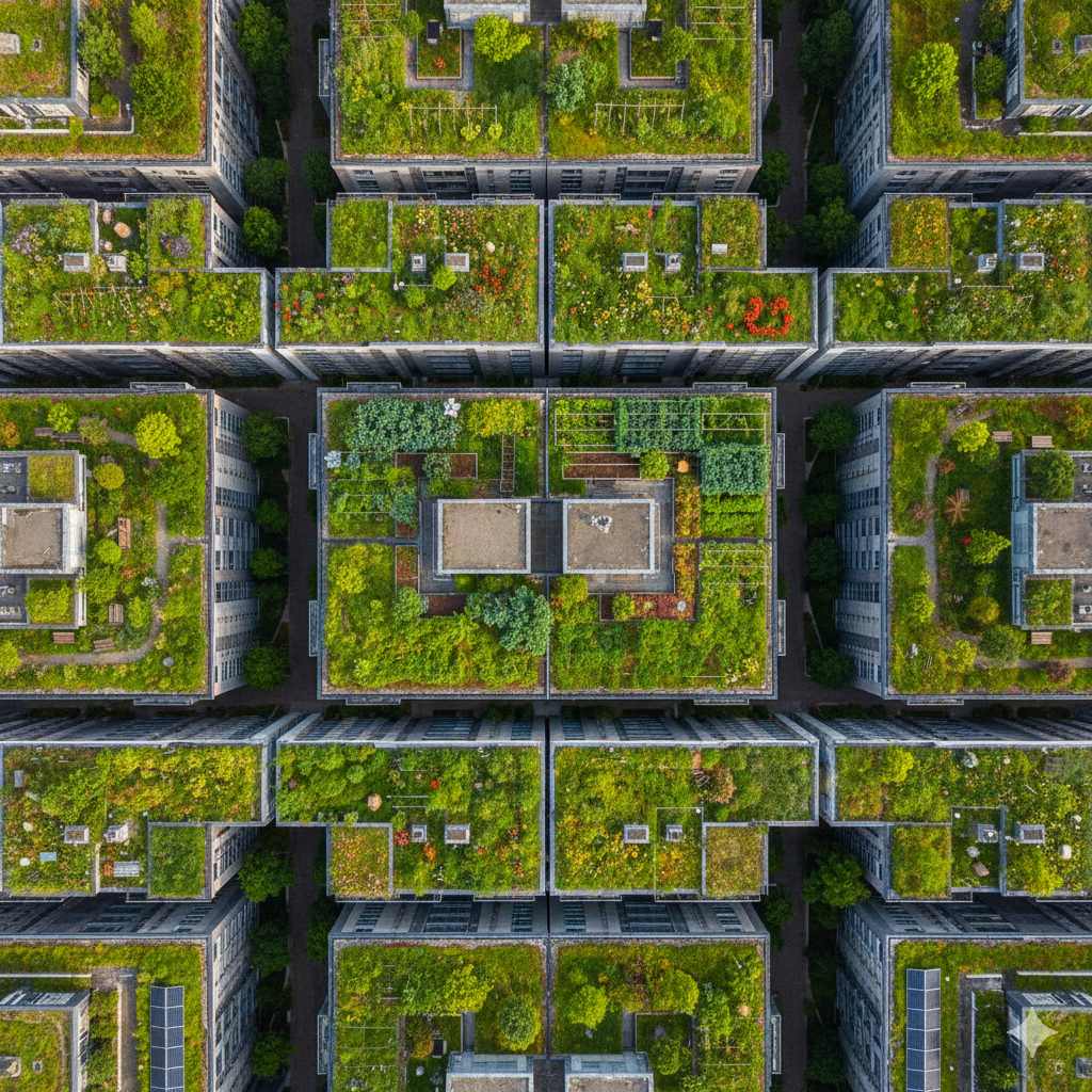 An aerial view of multiple green roofs on an apartment complex, demonstrating a core component of Water-Sensitive Urban Design for stormwater management and urban cooling.