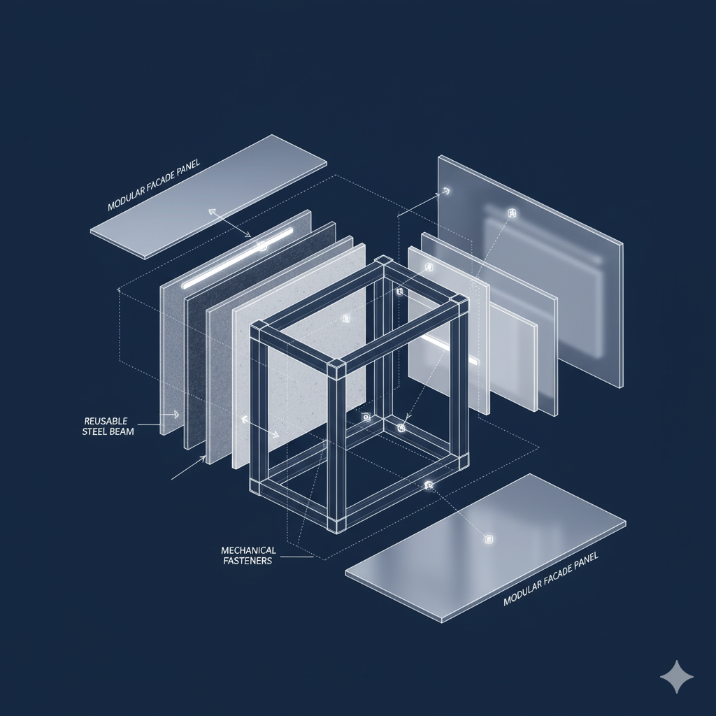 An architectural diagram showing a building designed for disassembly, with clear labels for its reusable components and mechanical fasteners.