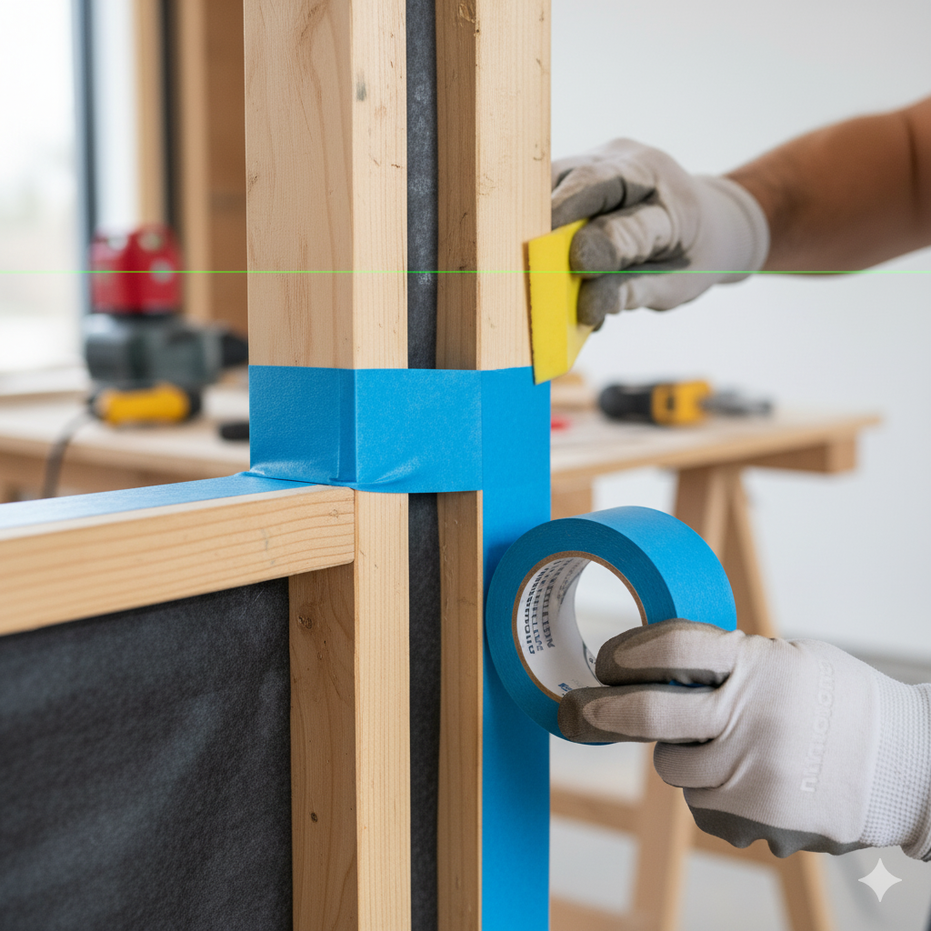 Close-up of a worker's gloved hands applying blue airtight sealing tape to the corner of a wooden wall frame during passive house construction, emphasizing meticulous sealing techniques.