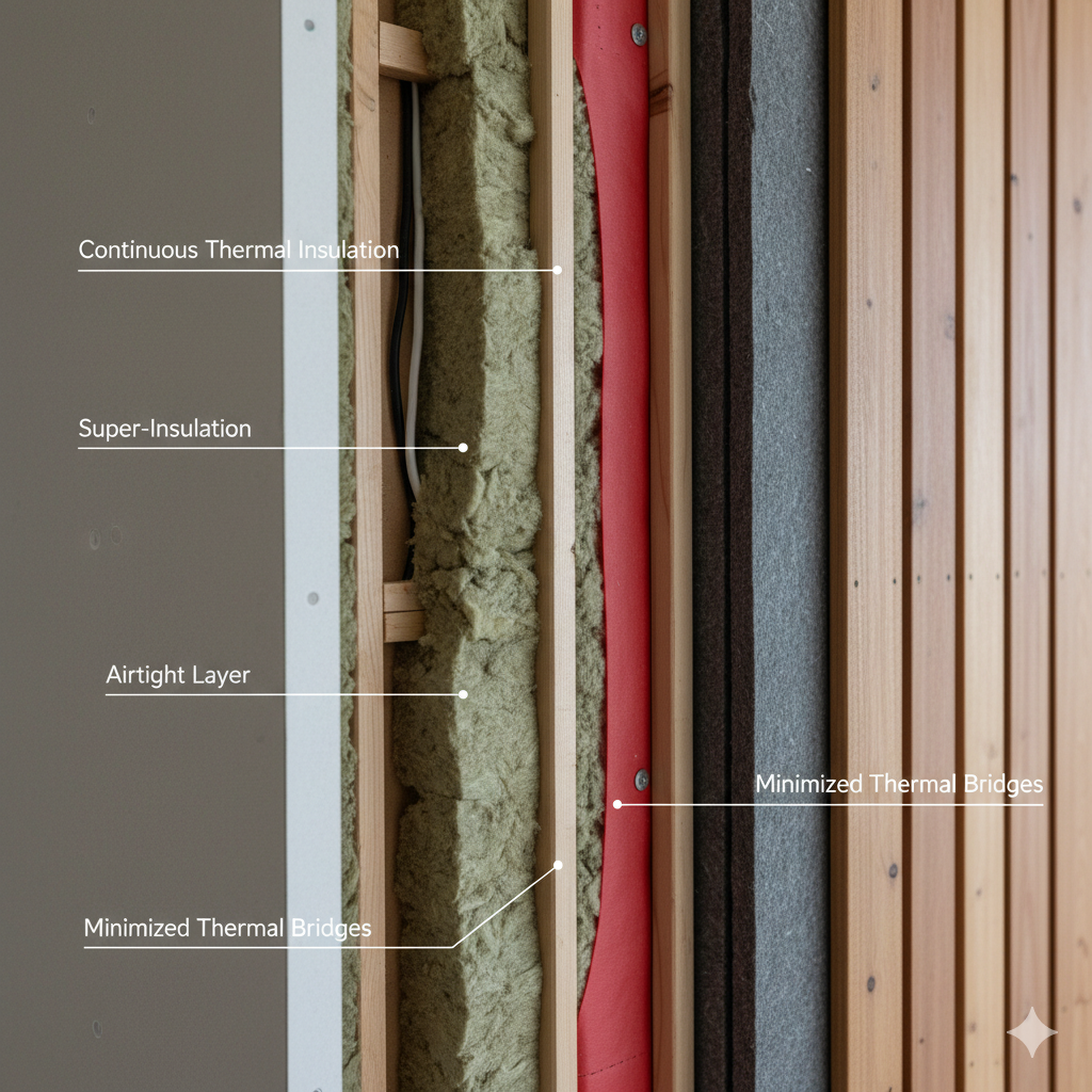 Cross-section diagram of a passive house wall assembly showing layers of super-insulation, an airtight layer, and minimized thermal bridges, with explanatory labels.