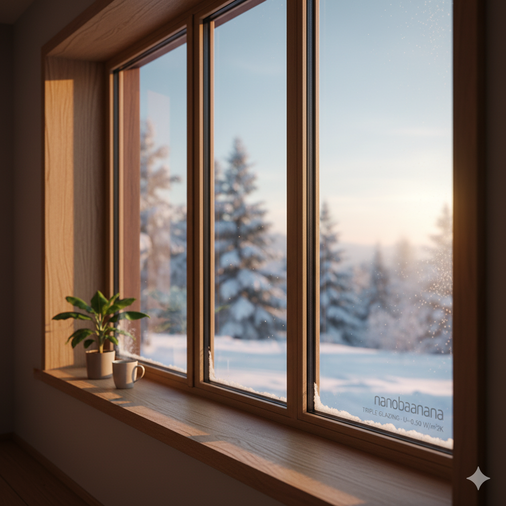 Interior view of a wooden triple-pane window in a passive house, looking out onto a snowy winter landscape at sunrise, with a small plant and mug on the windowsill.