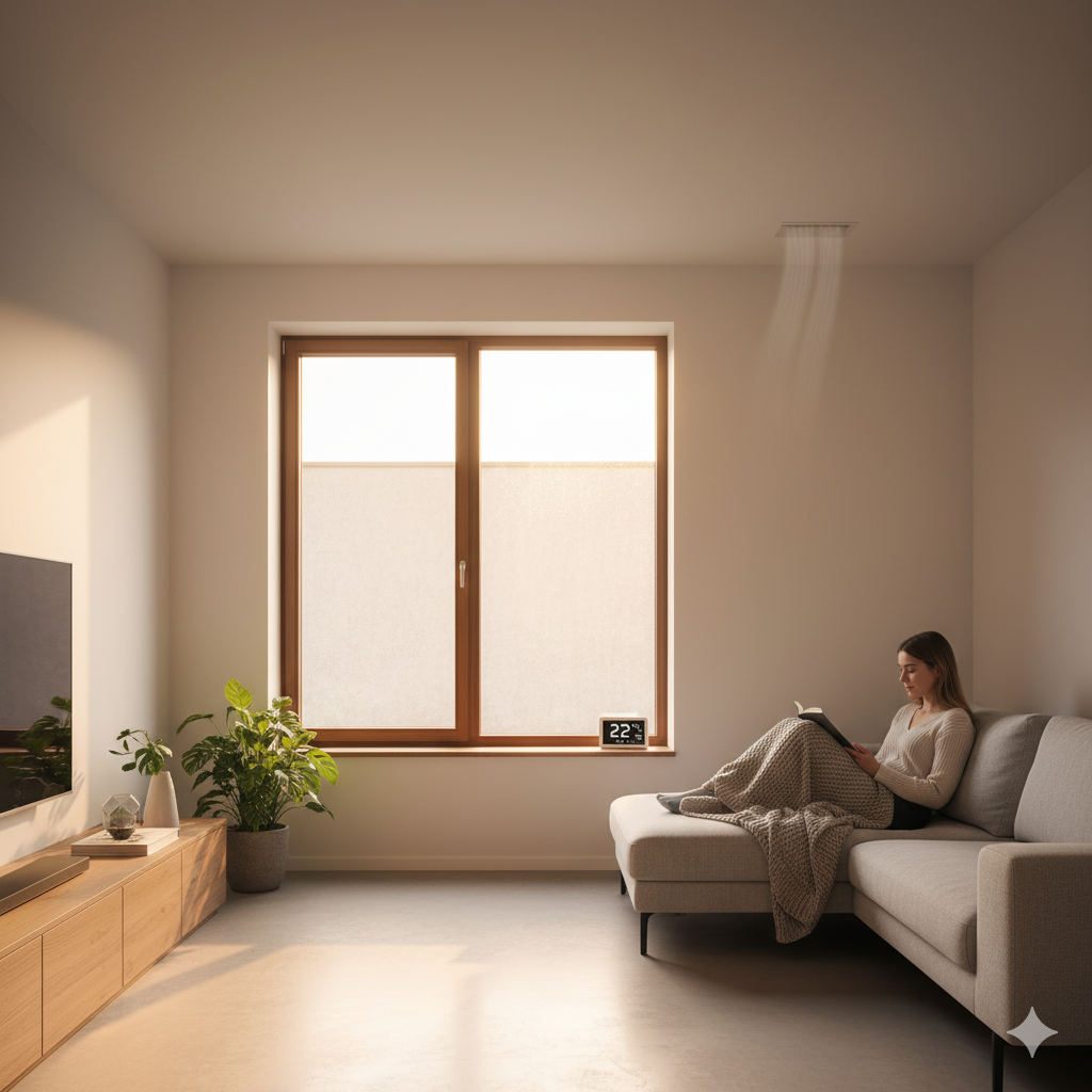 A woman relaxing on a sofa in a modern, comfortable living room with soft lighting, next to a large wooden window. A digital thermostat on the wall shows 22 degrees Celsius, and a subtle air vent in the ceiling indicates controlled ventilation in a passive house.