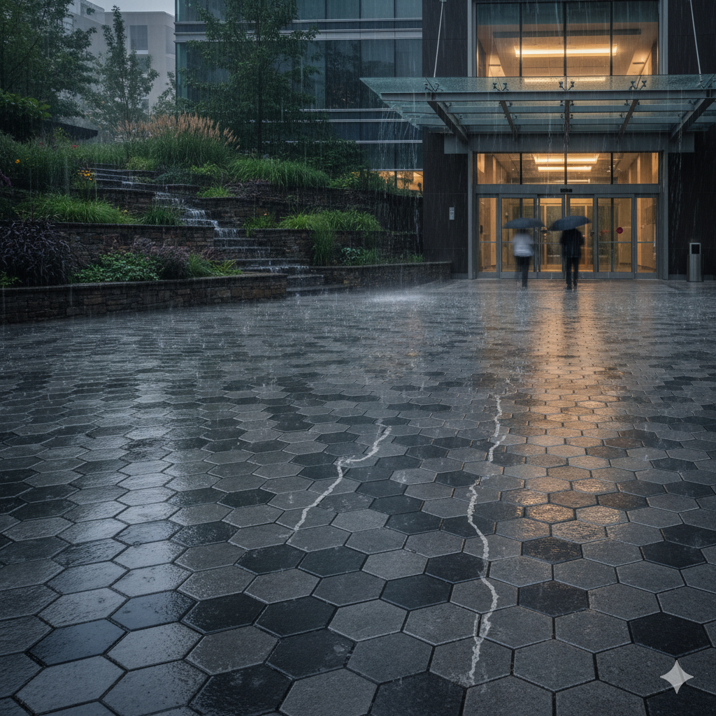 Permeable pavers and rain gardens effectively managing stormwater runoff in a modern urban plaza, a key technique in Water-Sensitive Urban Design.