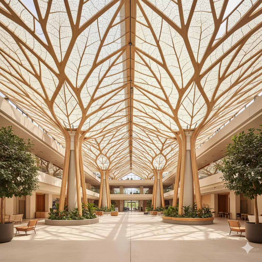 The interior of a building designed with biomimicry in architecture, showcasing structural elements inspired by natural forms like leaves and roots.
