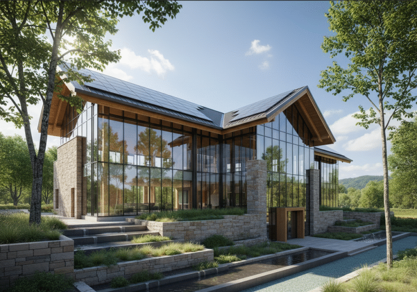 Modern net-zero buildings with integrated solar panels and natural materials, showcasing sustainable architecture