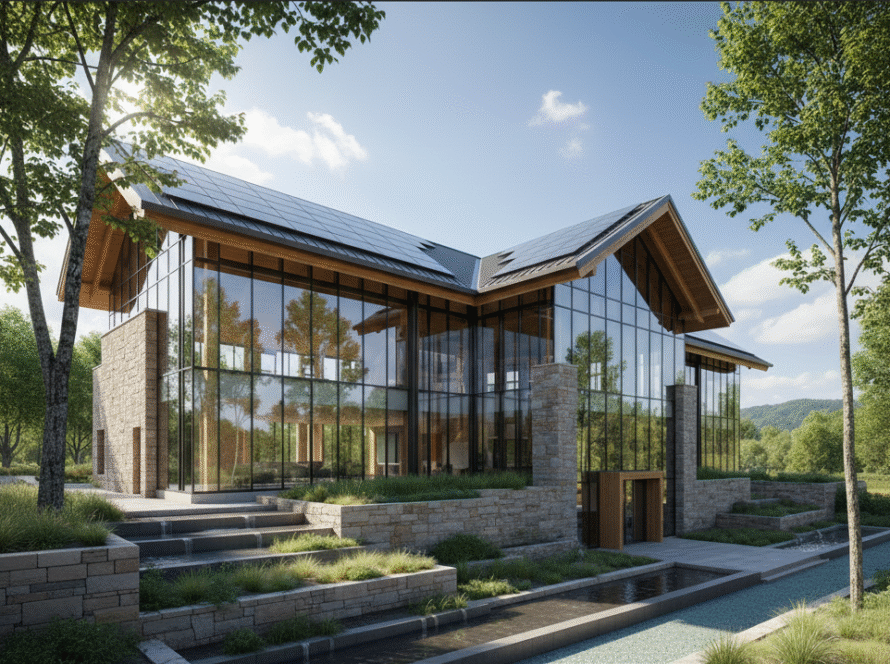 Modern net-zero buildings with integrated solar panels and natural materials, showcasing sustainable architecture