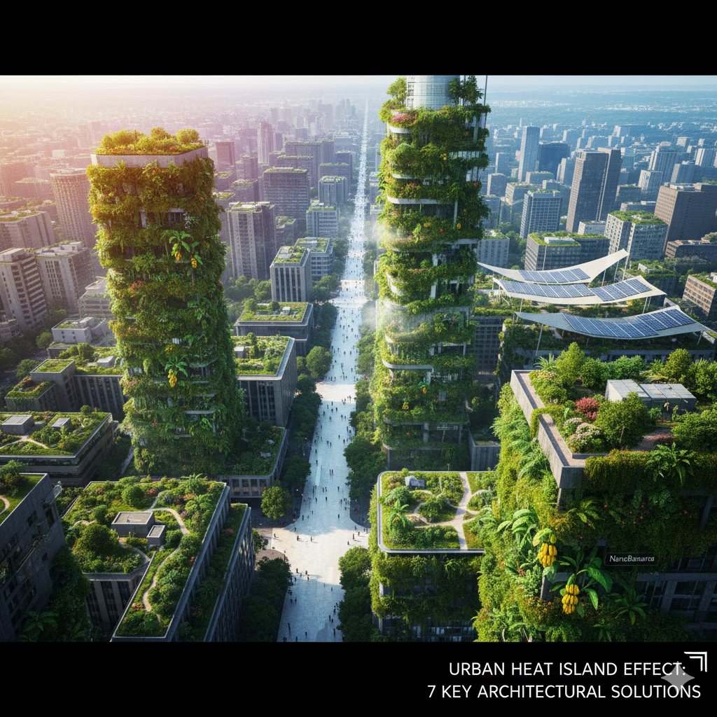 An aerial view of a futuristic, sustainable city skyline dominated by skyscrapers covered in lush green vegetation and gardens. The buildings feature extensive green roofs and vertical gardens, with some structures incorporating solar panels. A wide pedestrianized avenue runs through the center of the city, lined with trees and people. The image highlights the integration of nature into urban architecture as a solution to the Urban Heat Island Effect.