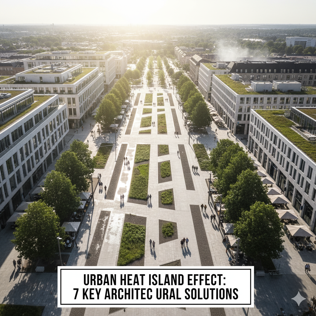 An aerial shot of a modern urban development with a wide central plaza featuring light-colored, cool pavements interspersed with numerous green spaces, trees, and walking paths. Surrounding the plaza are contemporary buildings, many with visible green roofs. People are seen strolling through the plaza, which is bathed in warm sunlight. The scene illustrates the effective use of cool pavements and green infrastructure in urban design.