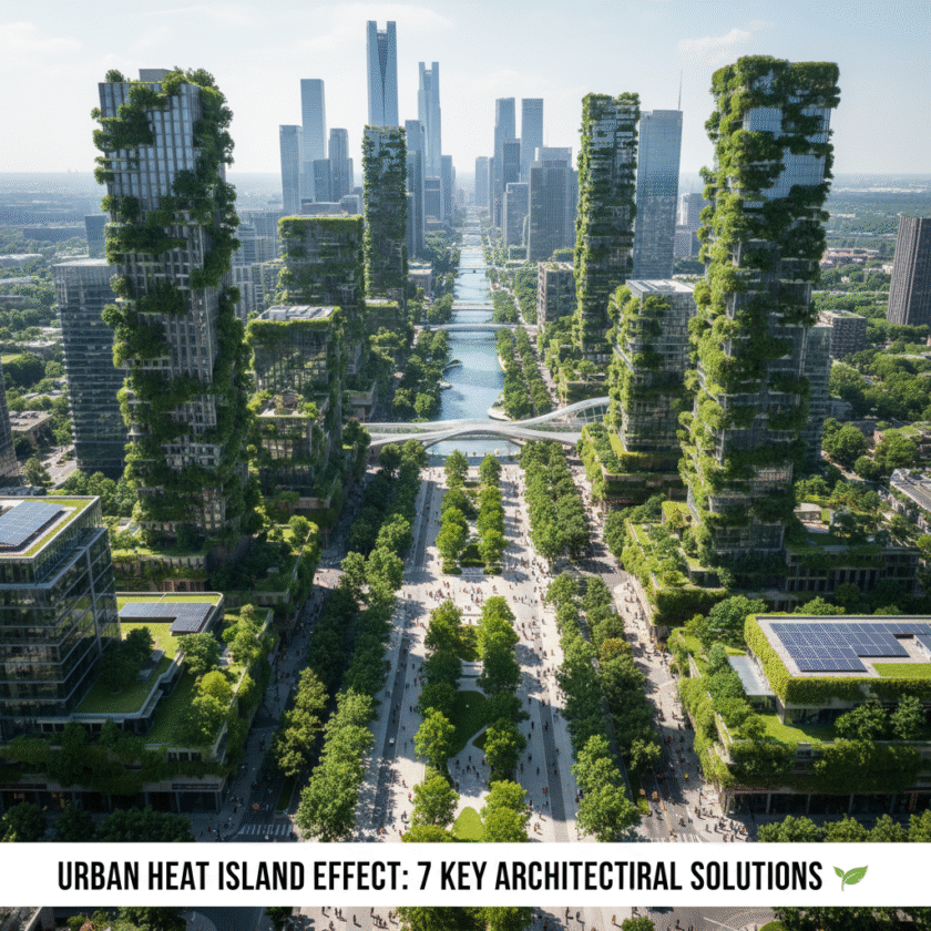An aerial view of a futuristic, sustainable city skyline dominated by skyscrapers covered in lush green vegetation and gardens. The buildings feature extensive green roofs and vertical gardens, with some structures incorporating solar panels. A wide pedestrianized avenue runs through the center of the city, lined with trees and people. The image highlights the integration of nature into urban architecture as a solution to the Urban Heat Island Effect.