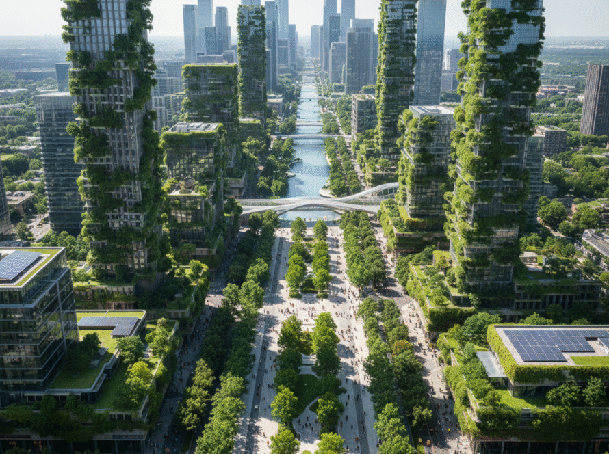 An aerial view of a futuristic, sustainable city skyline dominated by skyscrapers covered in lush green vegetation and gardens. The buildings feature extensive green roofs and vertical gardens, with some structures incorporating solar panels. A wide pedestrianized avenue runs through the center of the city, lined with trees and people. The image highlights the integration of nature into urban architecture as a solution to the Urban Heat Island Effect.