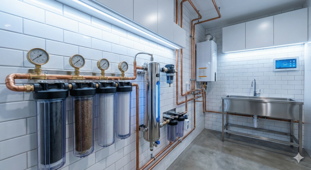 A close-up of a sophisticated water filtration system inside a utility room, featuring blue tanks, UV lights, and copper piping, essential for off-grid buildings.