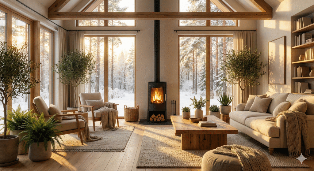 A cozy, modern living room interior with a wood stove, large south-facing windows revealing a snowy landscape, and natural wood finishes, typical of off-grid buildings.