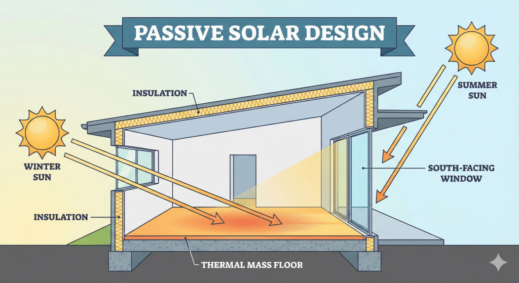 A cross-section diagram of a modern home showing winter sunlight entering low to heat the floor and summer sunlight being blocked by roof overhangs, illustrating passive solar principles in off-grid buildings.