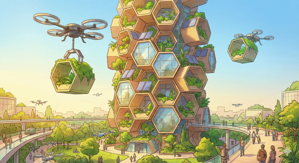 A Solarpunk concept of a modular building designed for disassembly and reuse, representing the future of sustainable Modular & Prefab Construction.