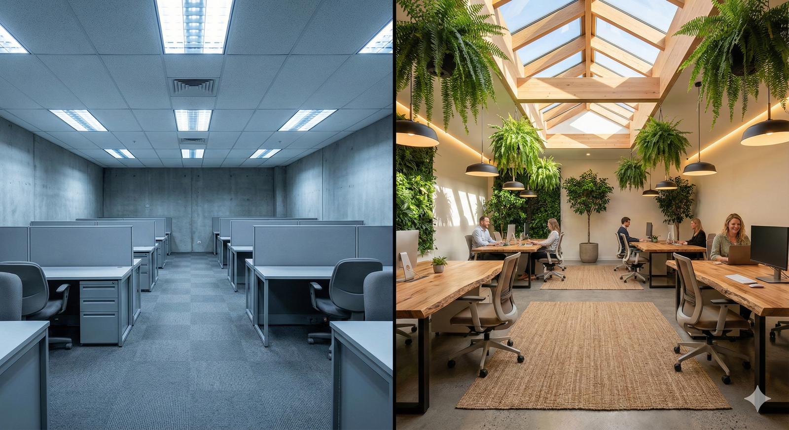 A before-and-after comparison showing the transformative power of Biophilic Design in a modern office space.