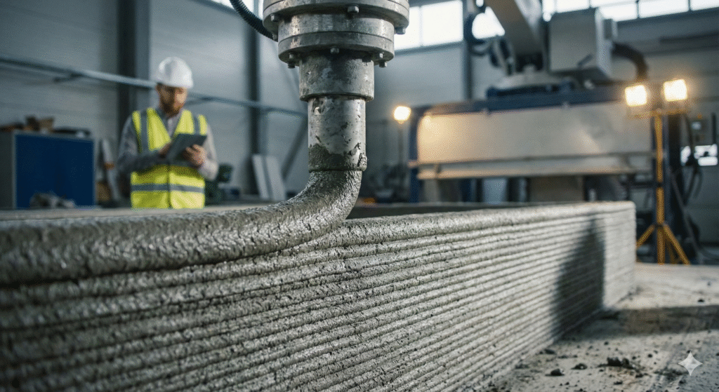 A close-up view of a 3D construction printer nozzle extruding concrete layers to form the wall of a house.