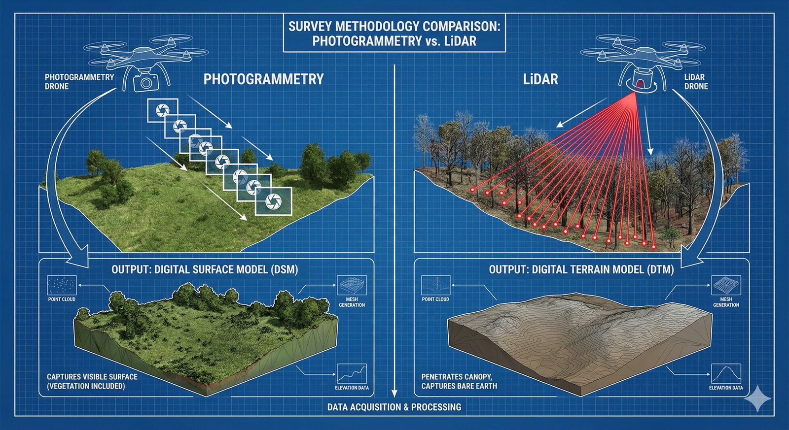 A comparison infographic showing the difference between Photogrammetry and LiDAR sensors on Construction Drones.