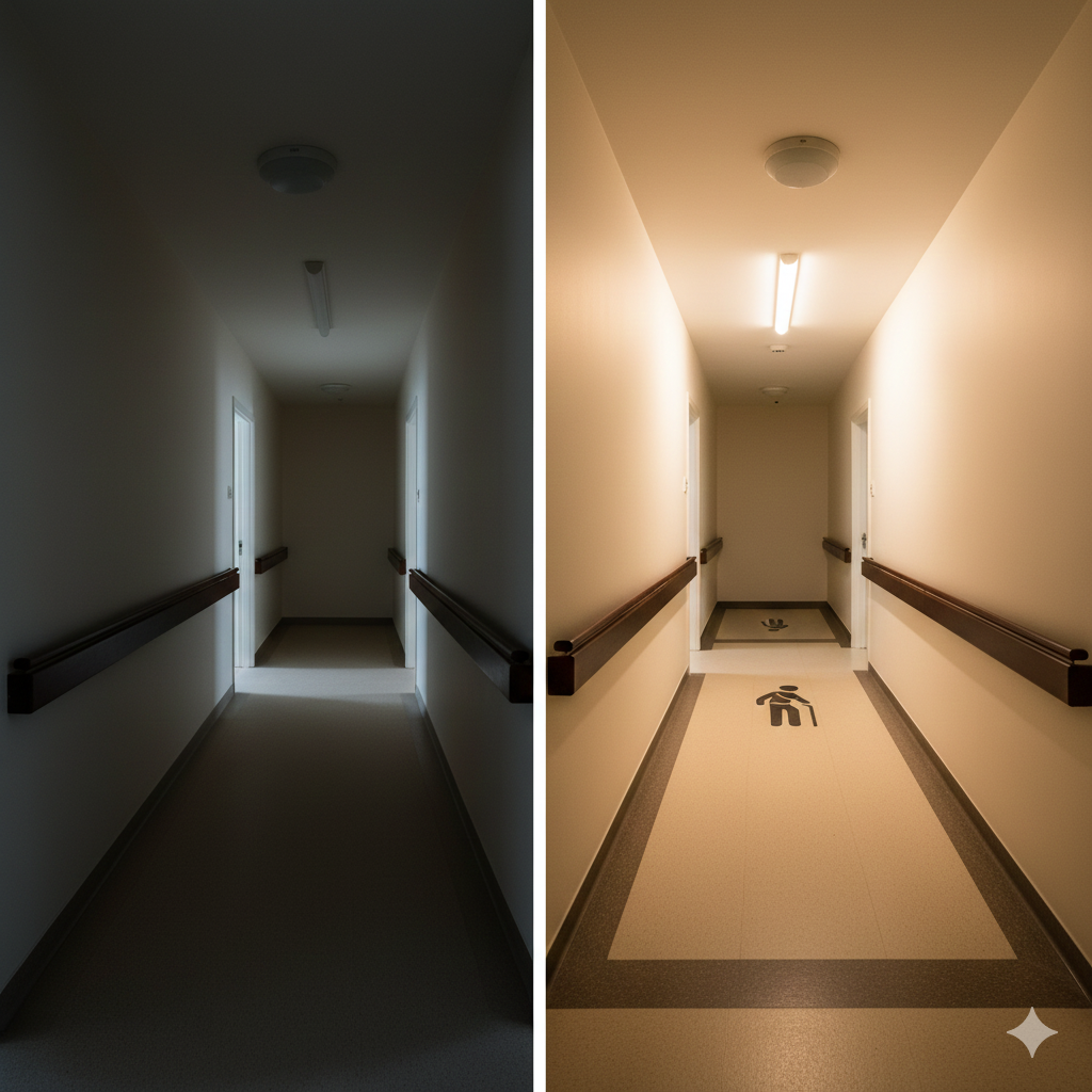 A comparison showing how lighting and contrast improve safety when Designing for Seniors.