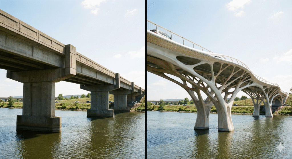 A comparison showing the difference between traditional structural design and an organic, material-saving Generative Design in Architecture bridge.