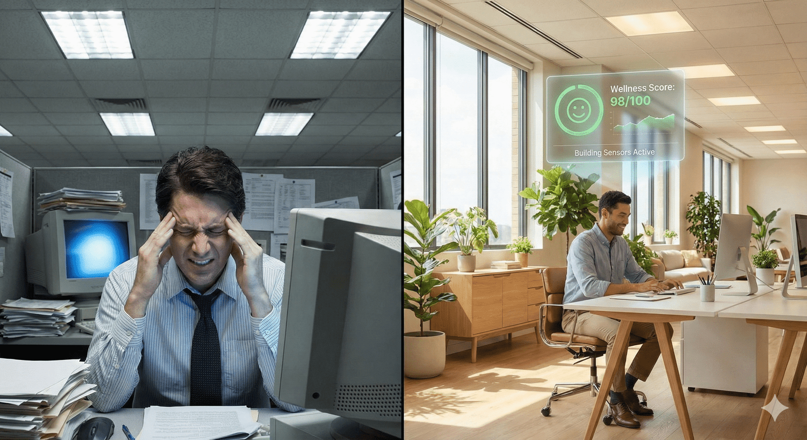 A comparison showing the impact of Human-Centric IoT in Smart Buildings on occupant wellness and productivity.