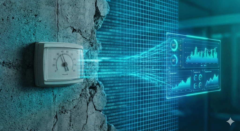 A conceptual visualization of Digital Twin Technology showing the transition from physical infrastructure to real-time digital data analysis.