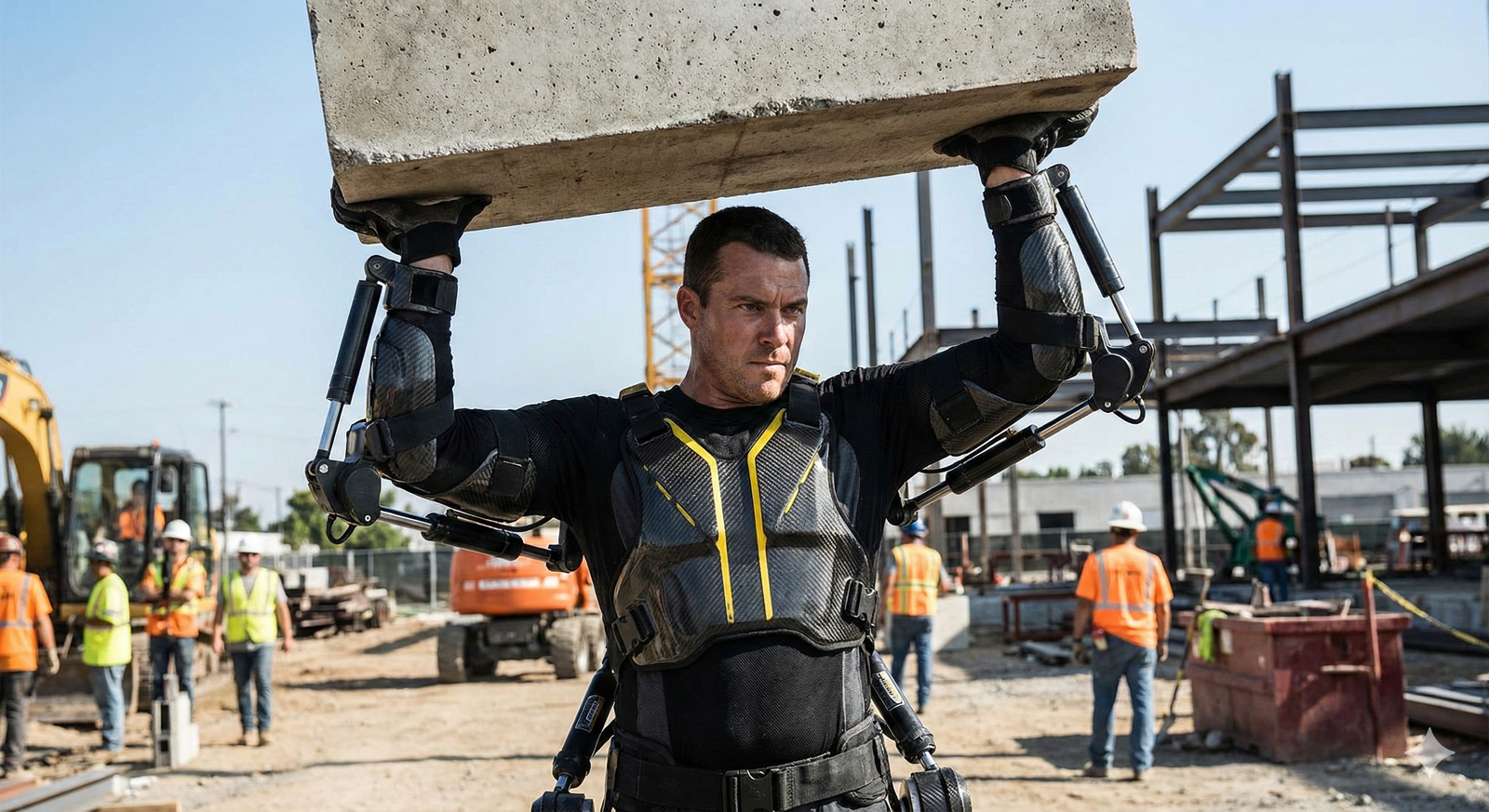 A construction worker utilizing a powered exoskeleton suit to lift heavy materials safely, demonstrating human-robot augmentation.