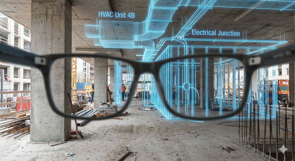 A demonstration of AR & VR in Architecture showing a construction site with digital BIM data overlaid on the physical structure.