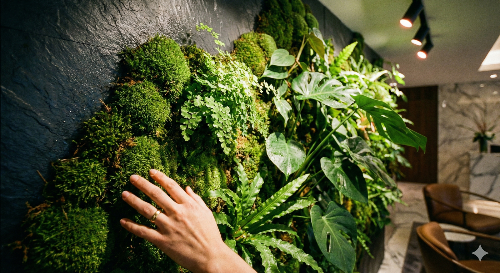 A detailed view of a lush living wall, a key element of Biophilic Design used to improve air quality and aesthetics.