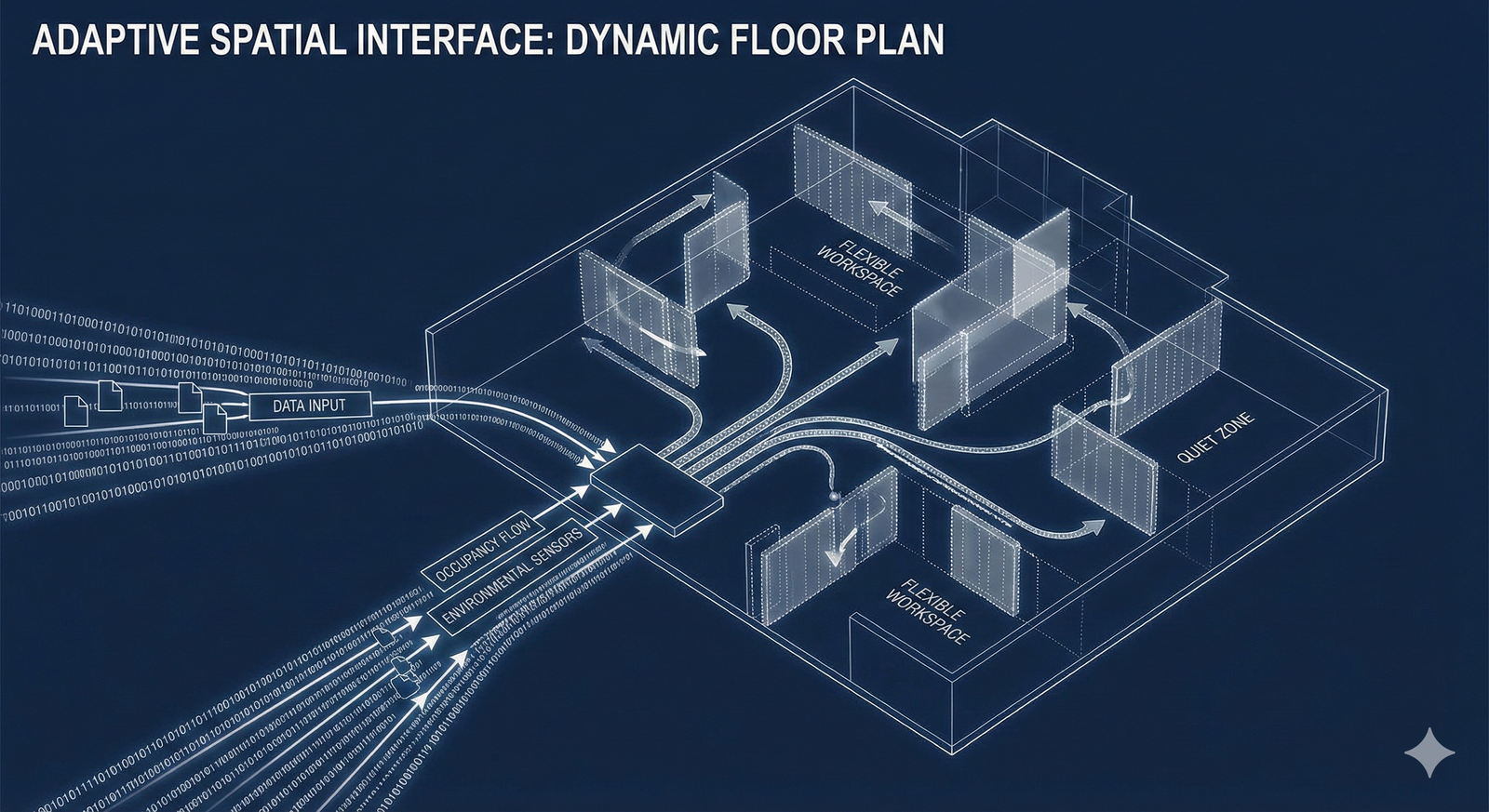 A diagram illustrating flexible floor plans driven by utilization data from IoT in Smart Buildings.