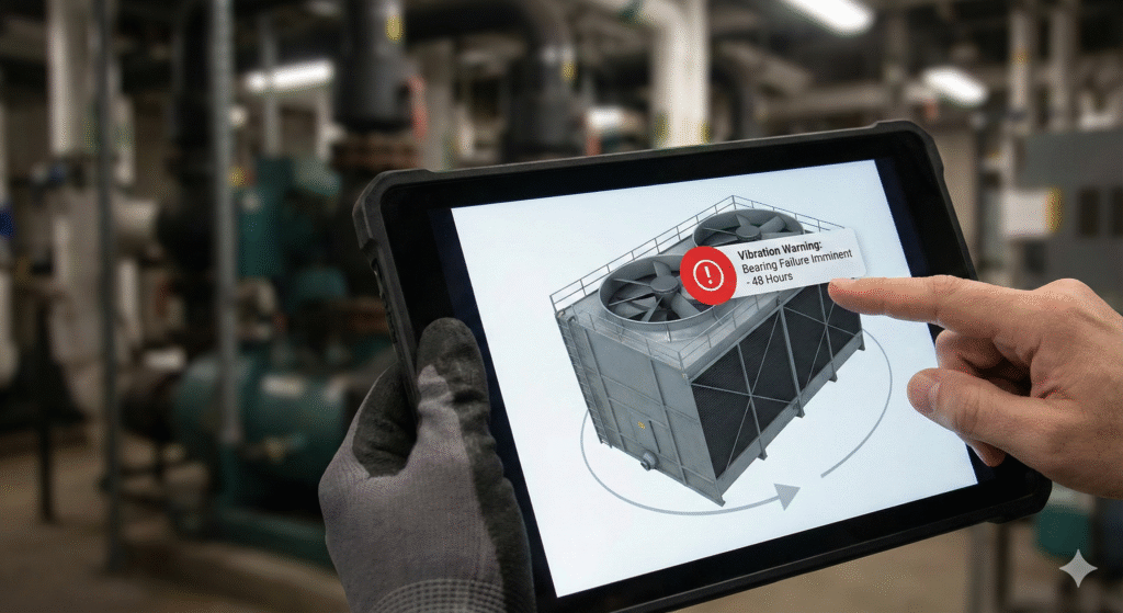 A facility manager using a tablet with Digital Twin Technology to identify a predictive maintenance alert on an HVAC system.