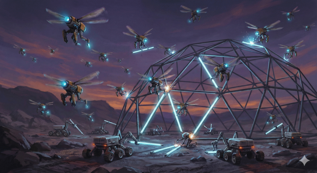A futuristic concept of swarm robotics in construction, where multiple small autonomous units collaborate to build a complex structure.