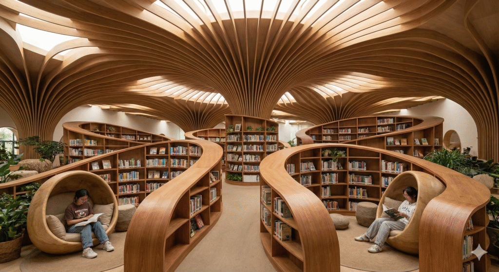 A library interior showcasing Biomorphic Forms in Biophilic Design, using organic shapes to create a calming learning environment.