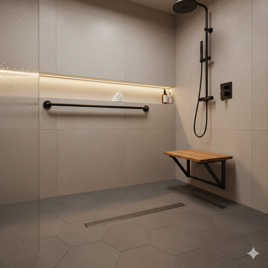 A luxury curbless shower designed for seniors, featuring non-slip tiles and a stylish grab bar for fall prevention.
