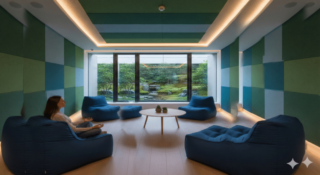 A robotic furniture unit transforming a living room into a bedroom, showcasing the high-tech future of Flexible Spaces.