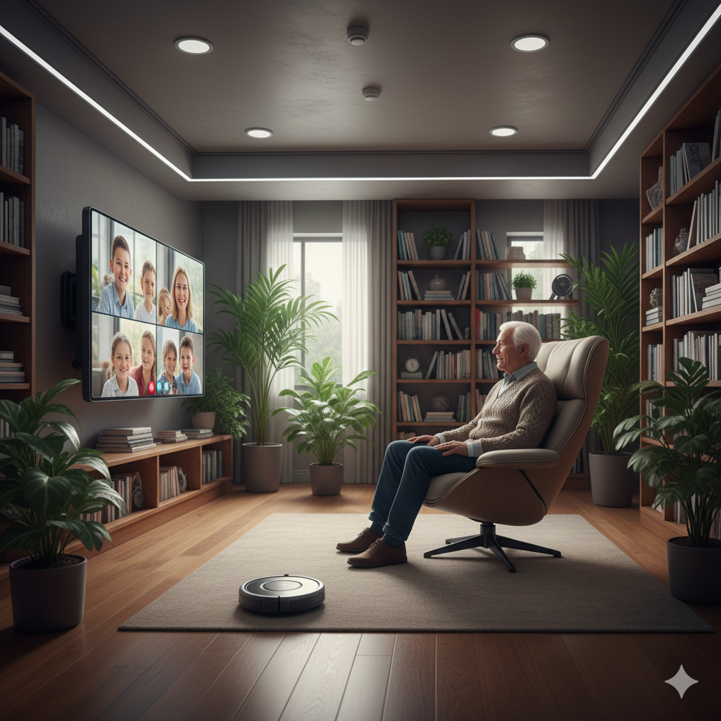 A smart home interior illustrating AgeTech integration, facilitating communication and safety for aging residents.