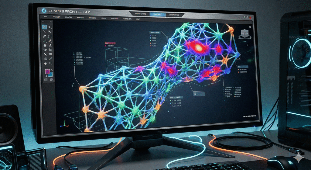 A software interface demonstrating Generative Design in Architecture, showing heat maps and structural analysis of a complex lattice structure.