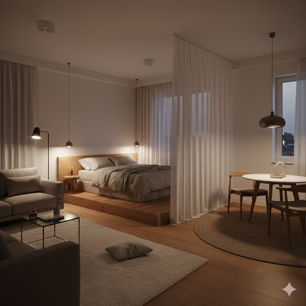 A studio apartment utilizing soft zoning techniques like platform levels and rugs to create Flexible Spaces without walls.