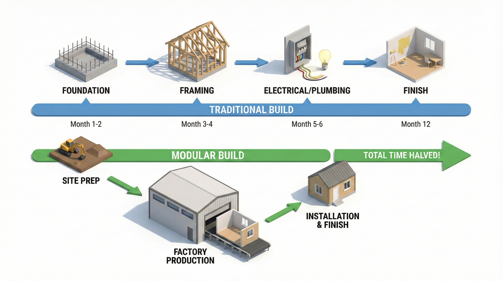 A timeline comparison infographic showing how Modular & Prefab Construction cuts project schedules by 50% through parallel processing.